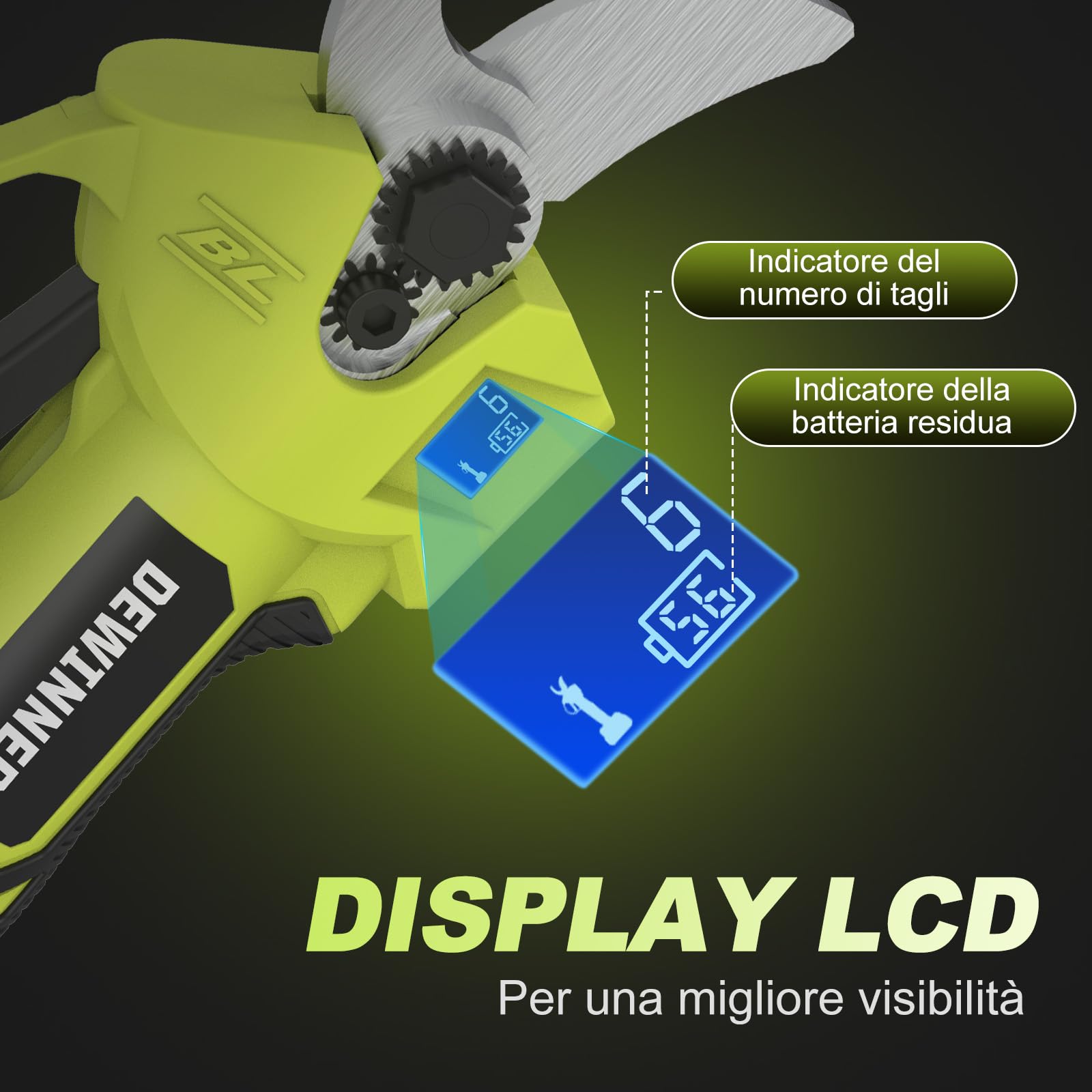 DEWINNER Forbici Potatura a Batteria Brushless 200W, Lama SK5, LCD Display, 2x2000mAh Batterie, 25mm Diametro Regolabile, Cesoie Elettriche Senza Fili per Alberi, Fiori, Frutteti, Giardino
