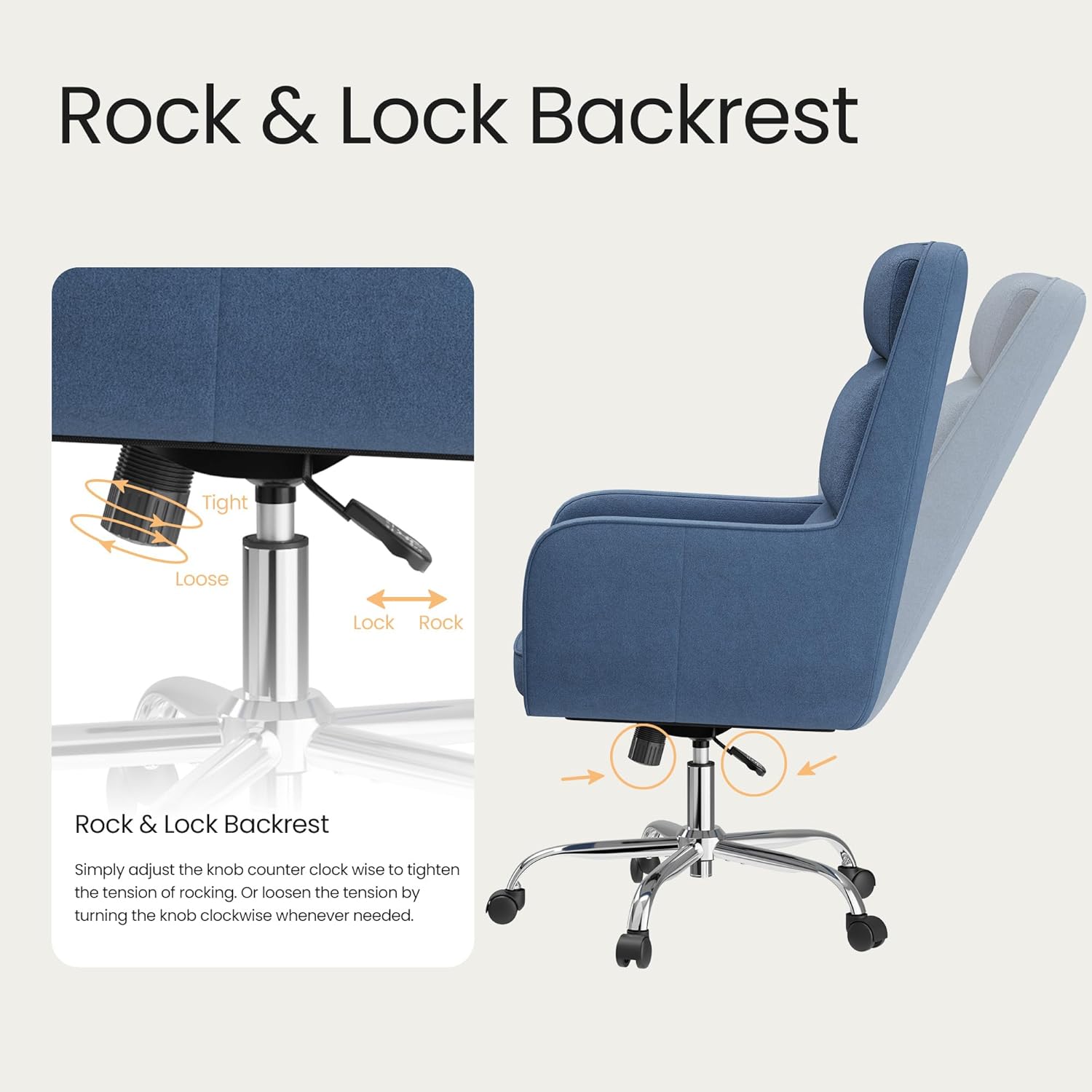 COLAMY Cocoon Modern High Back Home Desk Chair, Upholstered Office Chair with Wheels, Vanity Chair with Head and Lumbar Support, Armrest (Blue)