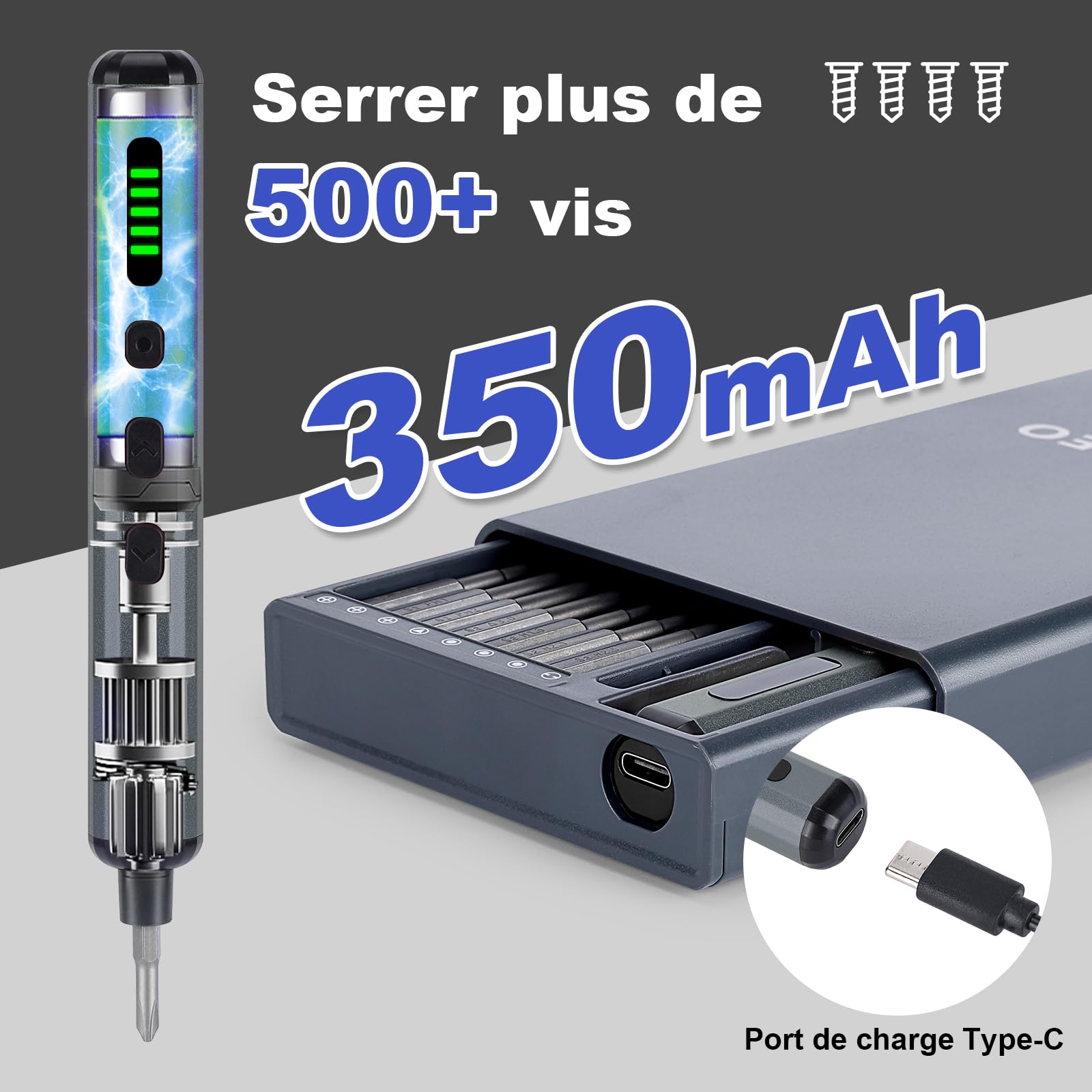 WADEO Tournevis Electrique Sans Fil, 82 en 1 Tournevis de Précision Rechargeable avec 64 Embouts Magnétiques en Acier S2, 5 Réglages de Couple, 4 LED, pour Ordinateur, Portable, Téléphone, Drone RC
