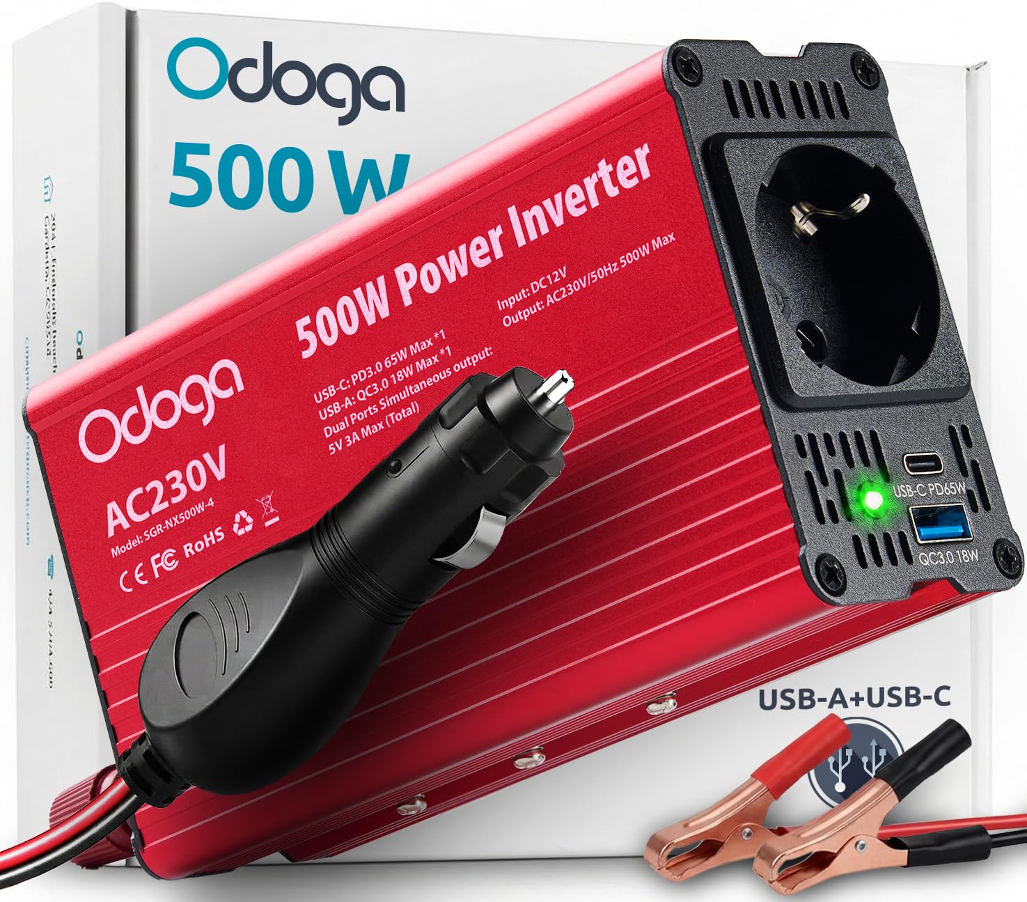 Odoga Inversor 12v 220v – Transformador 500W, Convertidor con Puertos USB-A y USB-C de 3A – Adaptador Mechero Coche a Enchufe – Cargue Sus Dispositivos en Autocaravanas, Camper Furgoneta y Coche