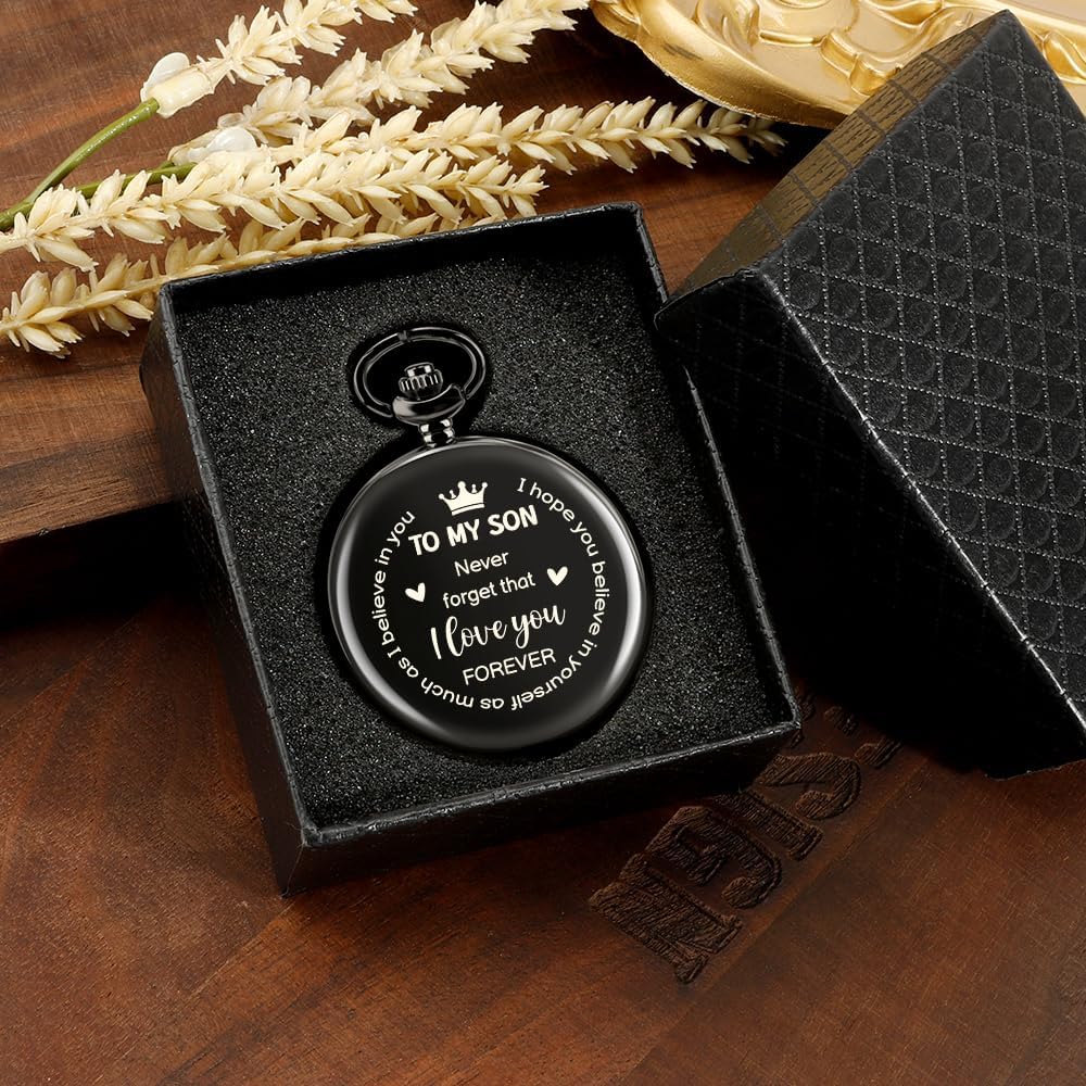 Vintage Engraved Pocket Watch with Chain Fathers Day Birthday Graduation Xmas Valentines Day Gifts for Son Adult