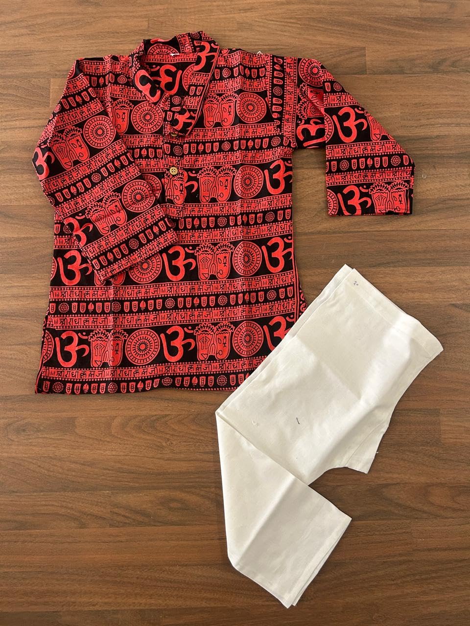 NiAK Boys Om Print Cotton Kurta Pyjama Set, Traditional Festival Wear, Full Sleeve. (Red, 4-5 Years) 1