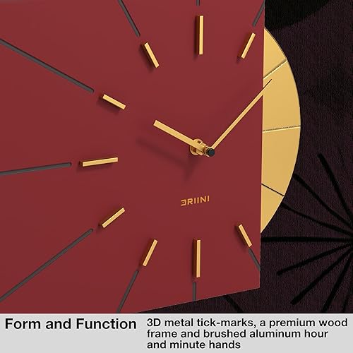 Miniatura 2 de Driini Reloj de pared moderno de mediados de siglo, reloj cuadrado rojo con acento dorado decorativo, reloj único y fresco, funciona con pilas,