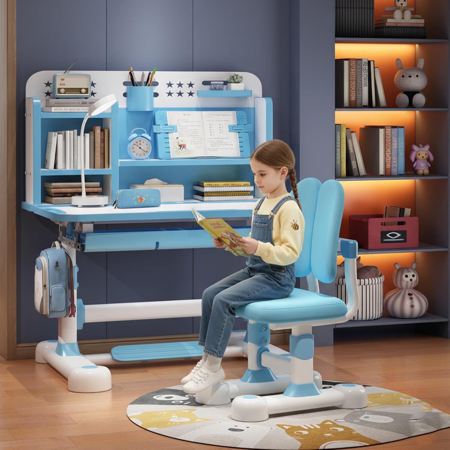 Kids Study Table and Chair Set, Height Adjustable Child's School Study Writing Tables Kids Desk and Chair Set Adjustable Art Desk for Bedroom with Large Drawer & Partition Design (Blue)