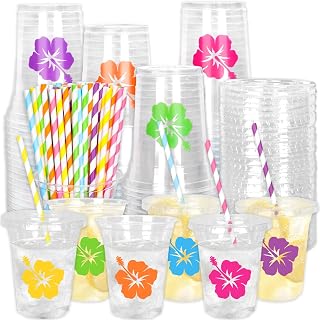 Whaline 60Pcs 12Oz Hawaii Luau Disposable Plastic Cups with Lids and Straws Colorful Summer Hibiscus Cold Beverage Drinking Cups for Beach Hawaiian Luau Party Supplies