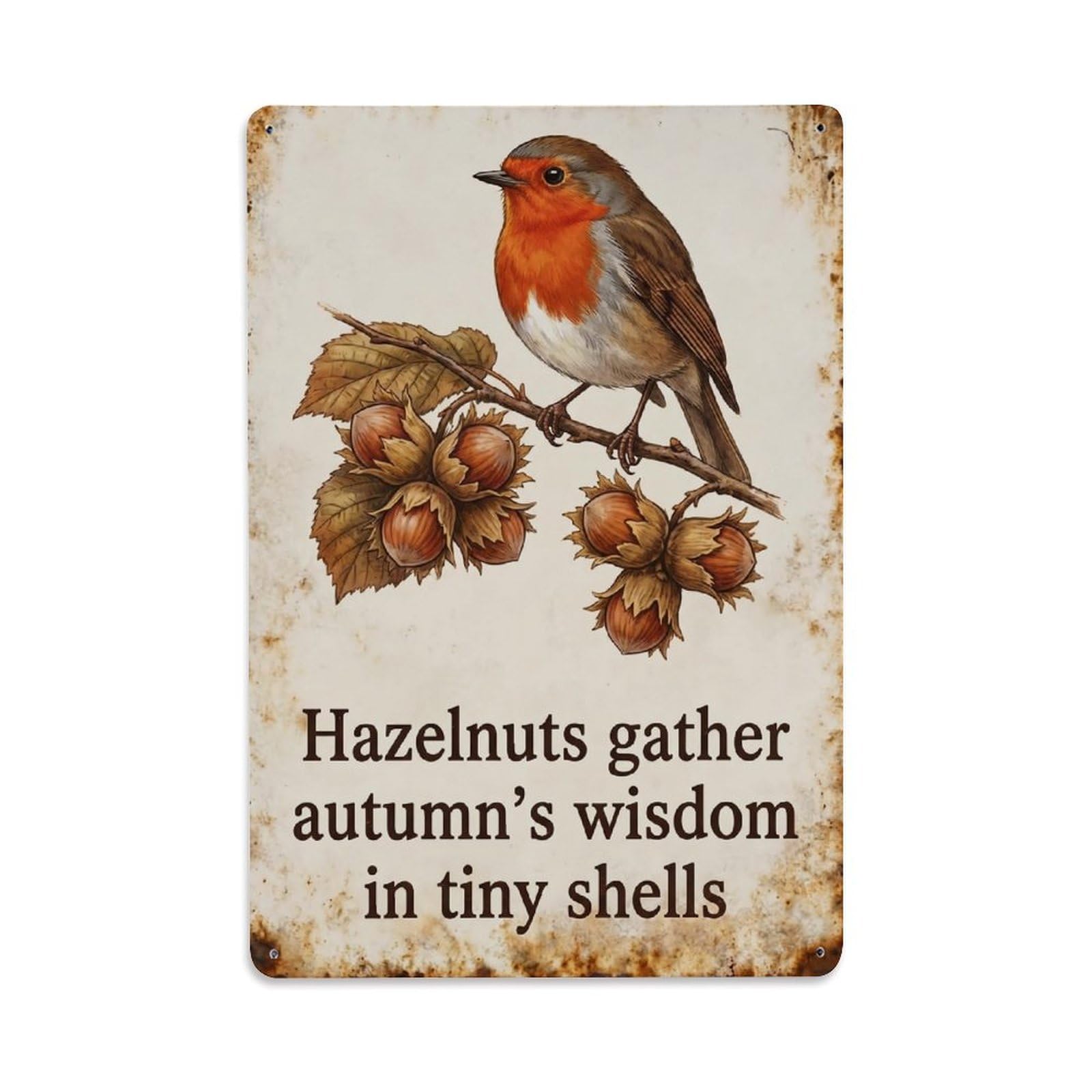 Robin Bird Garden Quote Hazelnut Branch Metal Tin Sign