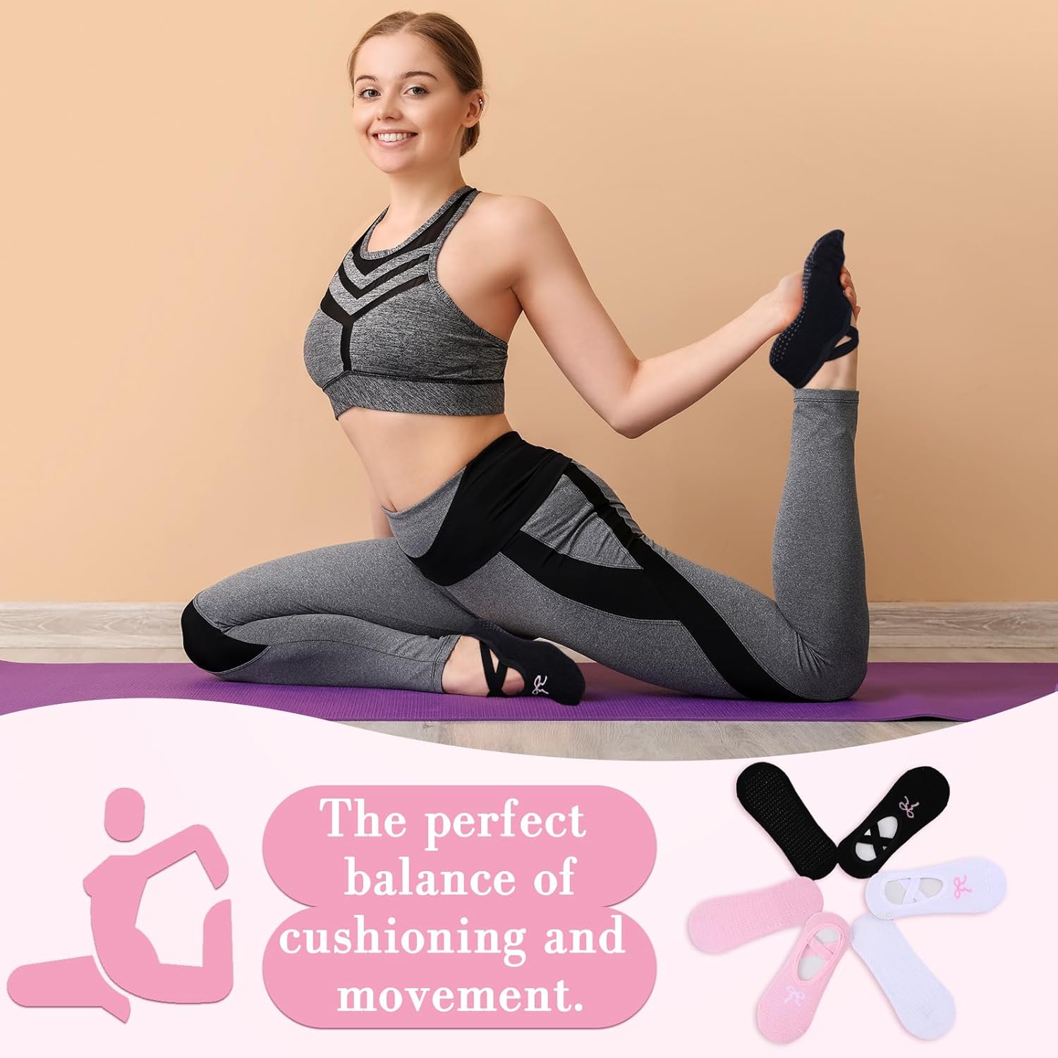 Jeyiour 6 Pairs Bow Yoga Pilates Grip Socks for Women Non-slip Grips Straps Socks for Pilates Yoga Barre Ballet - Image 5