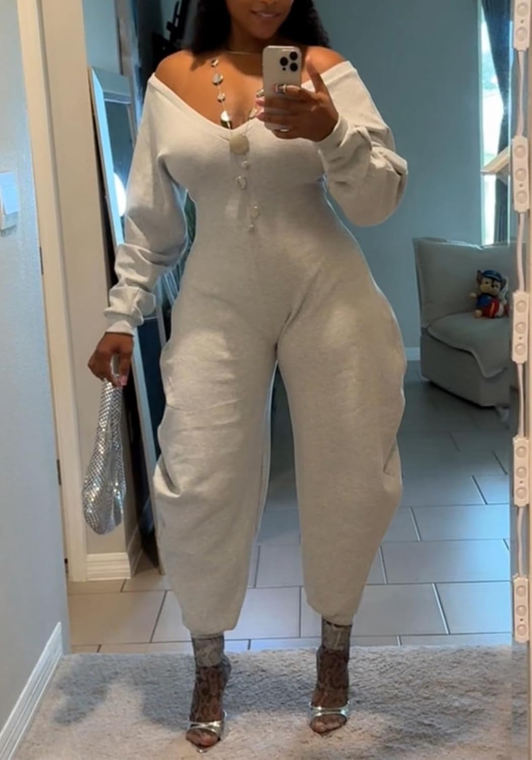 Tbahhir Womens Sexy Off Shoulder Jumpsuit Long Sleeve V Neck Tops One Piece Outfits Wide Leg Club Casual Fall Romper - Image 6