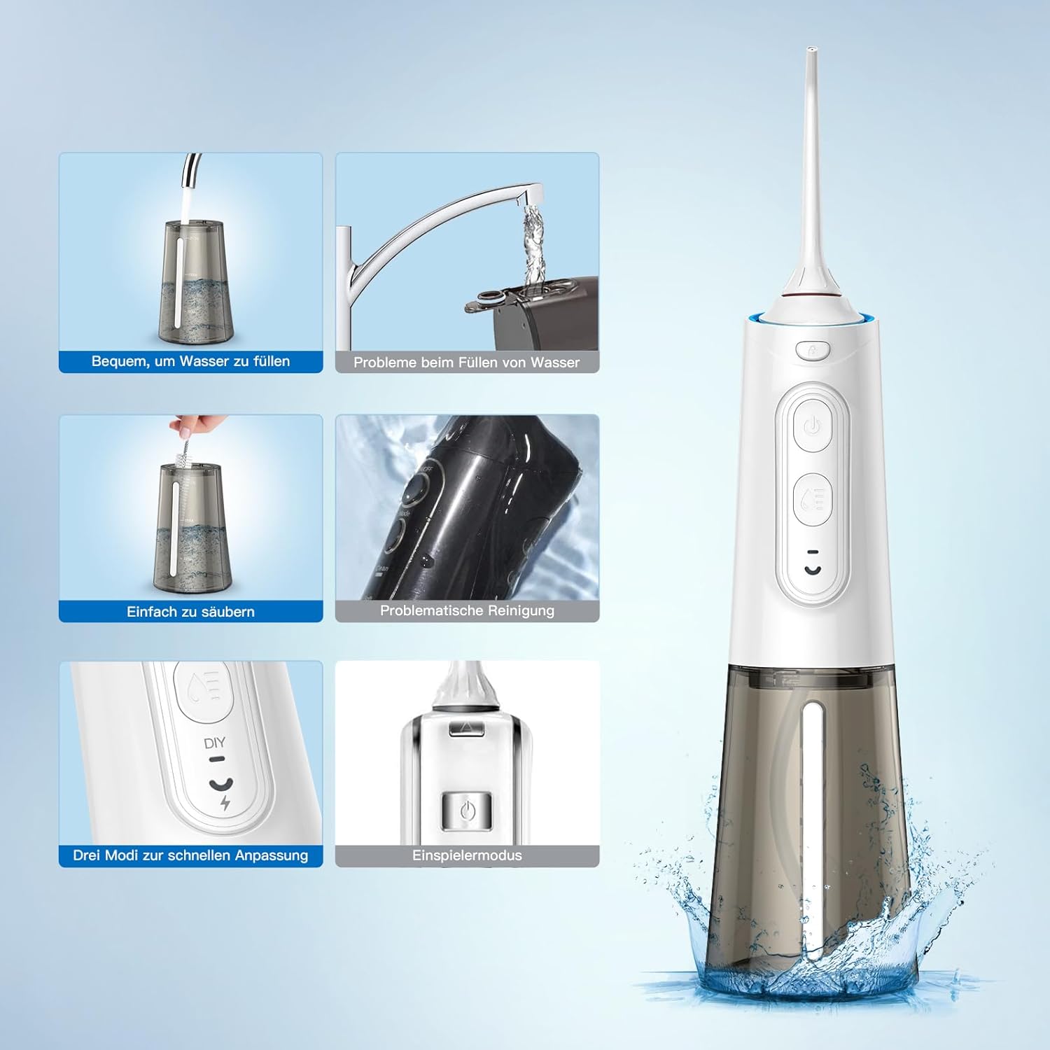 Diagram of the water flosser showing its parts: nozzle, LED SmartRing, jet tip lock/unlock button, power button, water pressure adjustment button (DIY), charging indicator lights, and water tank.