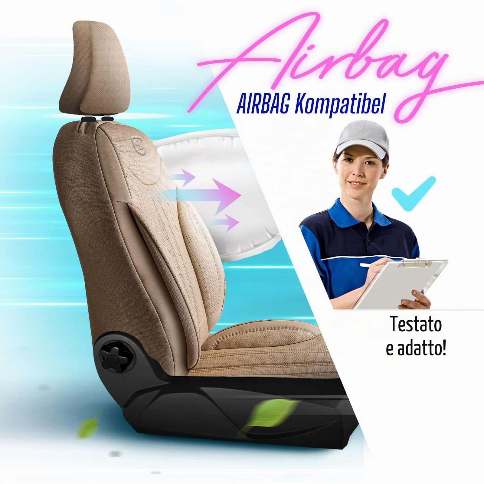 Coprisedili universali per auto e SUV – Premium coprisedili anteriori in pelle, Beige, supporto airbag, protezione per auto, set completo incluso kit di montaggio