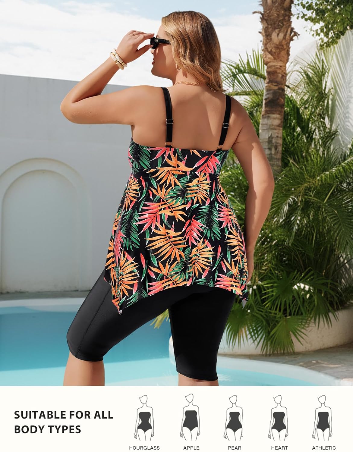 Hanna Nikole Women Plus Size Tankini Swimsuit 2 Piece Bathing Suits with Pockets Flowy Rash Guard Swimwear with Capris Shorts - Image 4