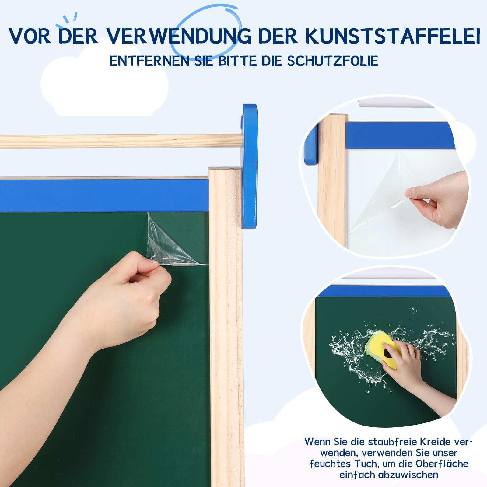 Kinder-Staffelei 3-1, magnetische Kreidetafel und Whiteboard, Papiermalerei, großer Stauraum mit Canvas-Tasche, Malsets mit Fingerfarben, Kreiden, Pinseln, Zahlenbuchstaben, Magneten, Schürze