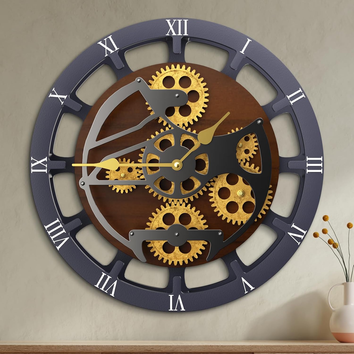 10" Original Moving Gears Wall Clock, Mantle Clock, Wood