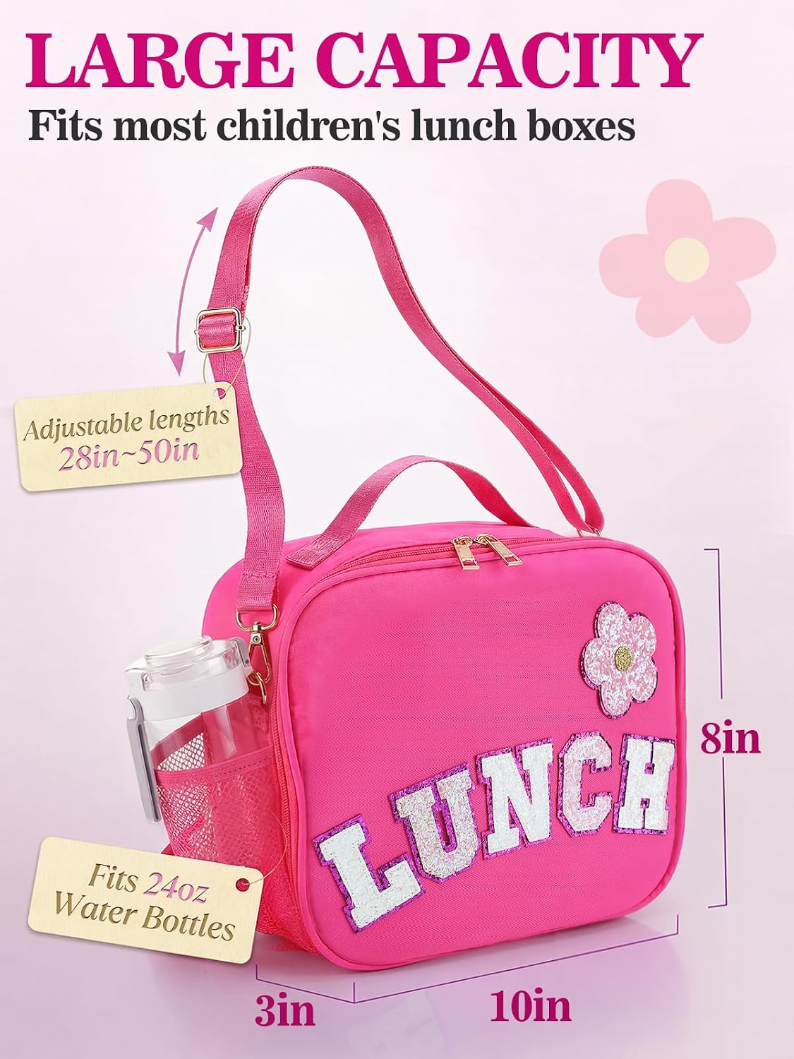 Alphatool Insulated Kids Lunch Bag with Adjustable Strap, Rose Red