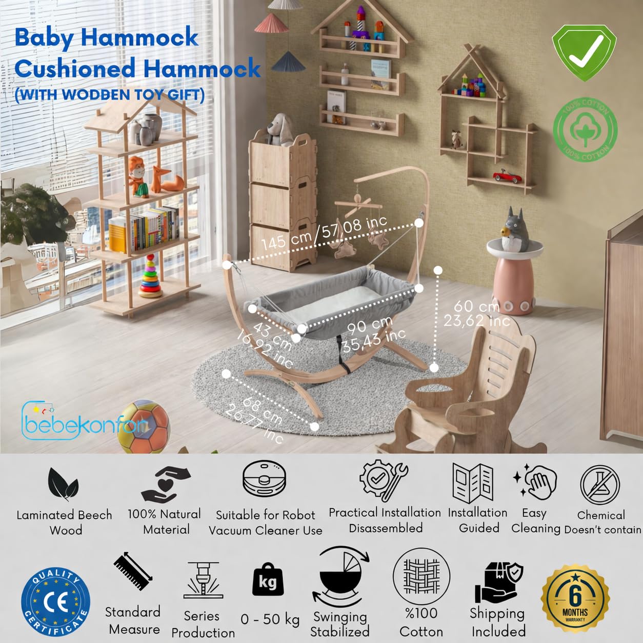 Hängematte mit Holzgestell, ergonomische Hängeliege, sanftes Schaukeln, Bequeme Stoffstruktur, leicht und tragbar, modernes Design, für Innenbereich und Balkon geeignet, einfache Montage (Grau-2)