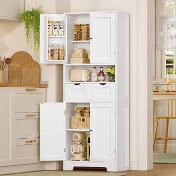 Kitchen Pantry Cabinet with 2 Drawers &4 Door Shelves, Tall Storage Cabinet