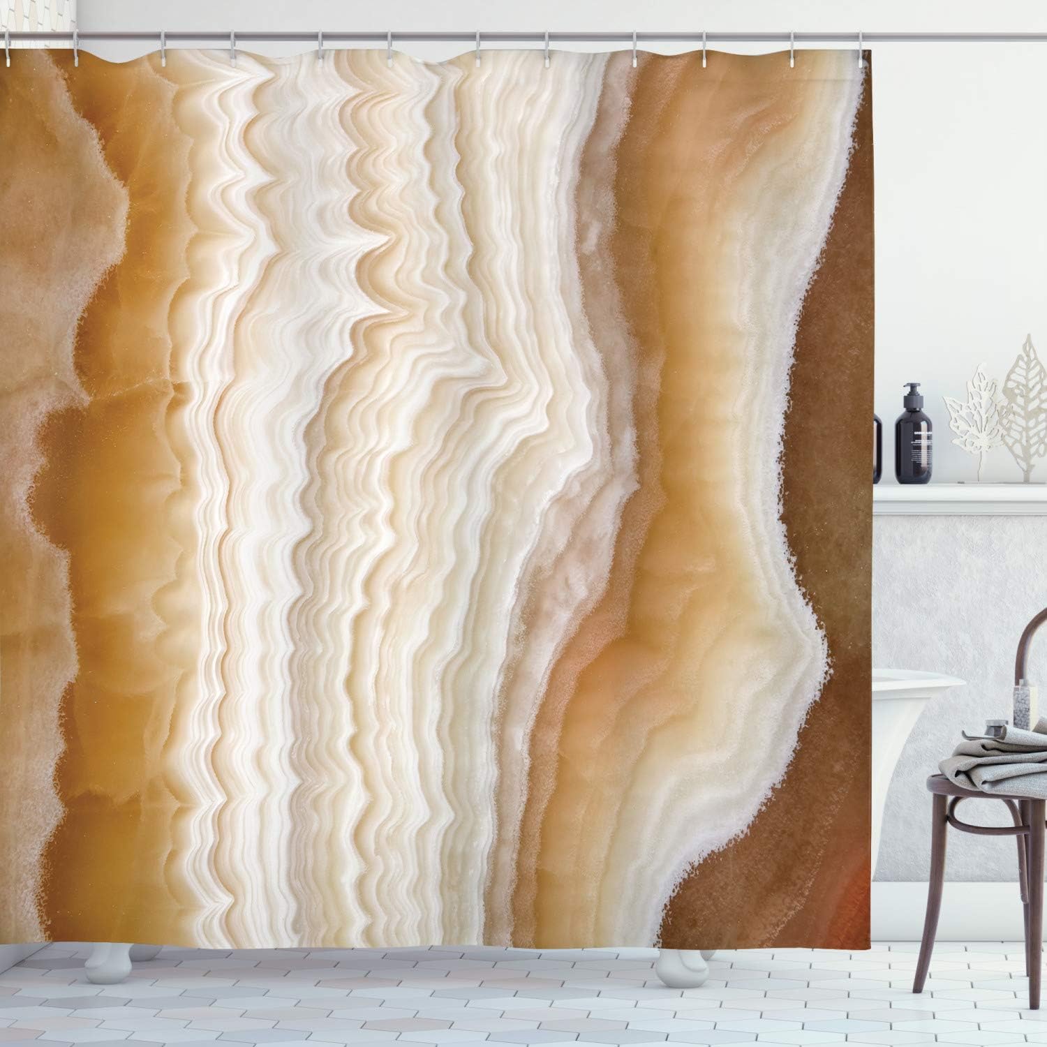Ambesonne Marble Print Shower Curtain, Odd Wavy Stone Pattern New Lines and Shapes Digital Nature Computer Art, Cloth Fabric Bathroom Decor Set with Hooks, 69" W x 75" L, Cream