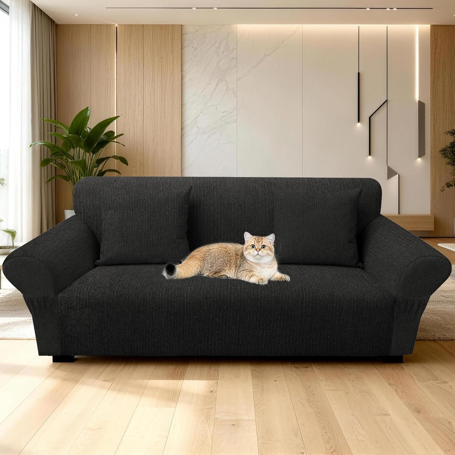 Loveseat Slipcover with 2 Pillow Cover for 2 Cushion Couch, Non Slip Furniture Protector with Elastic Bottom, Washable Loveseat Cover for Kids, Pets (Loveseat, Black)