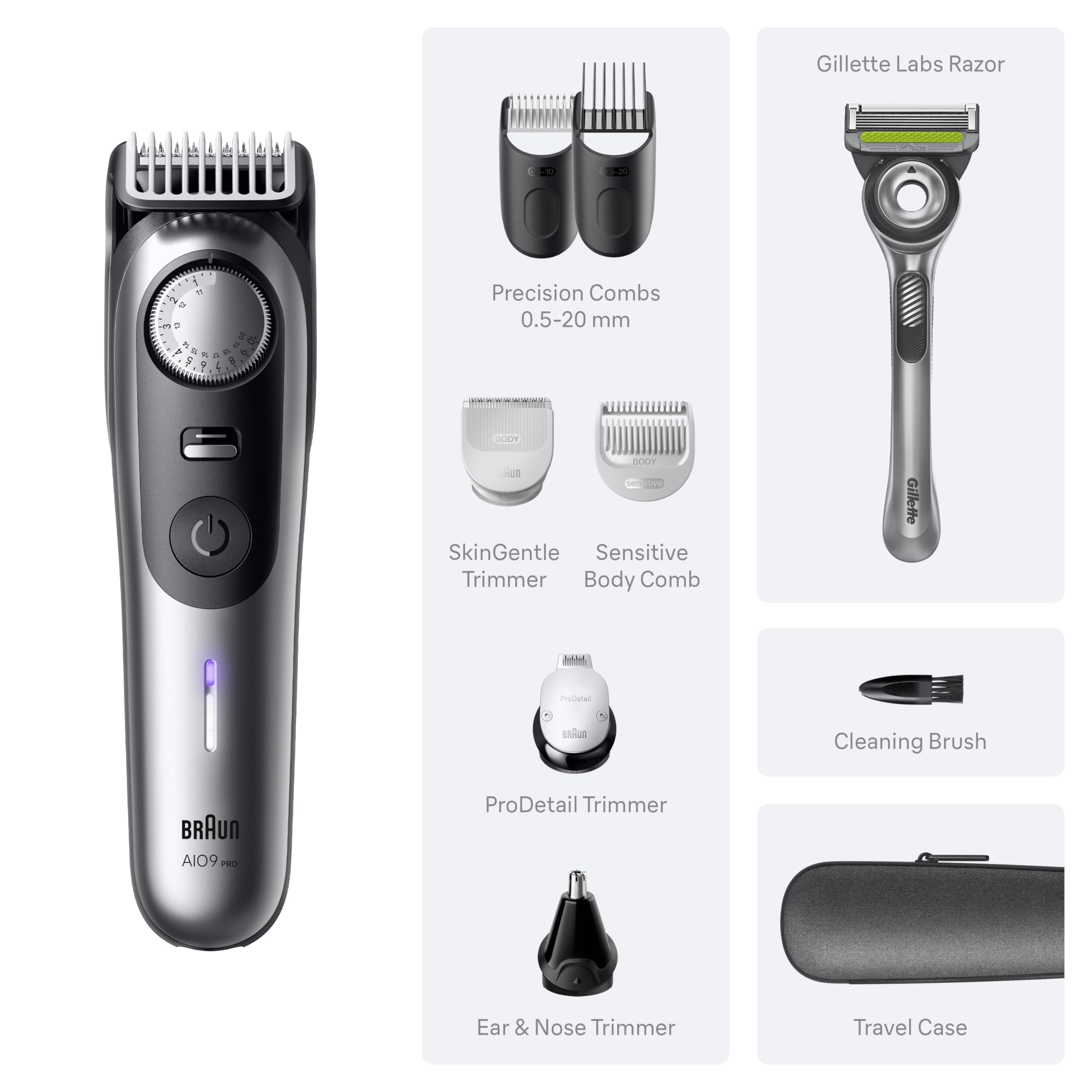 Braun Series 9 PRO All-in-One Beard & Body Grooming Kit for Men, Cordless Trimmer, Hair Clippers & Shaver for Face, Hair & Body with Gillette Labs Razor, AIO 9550