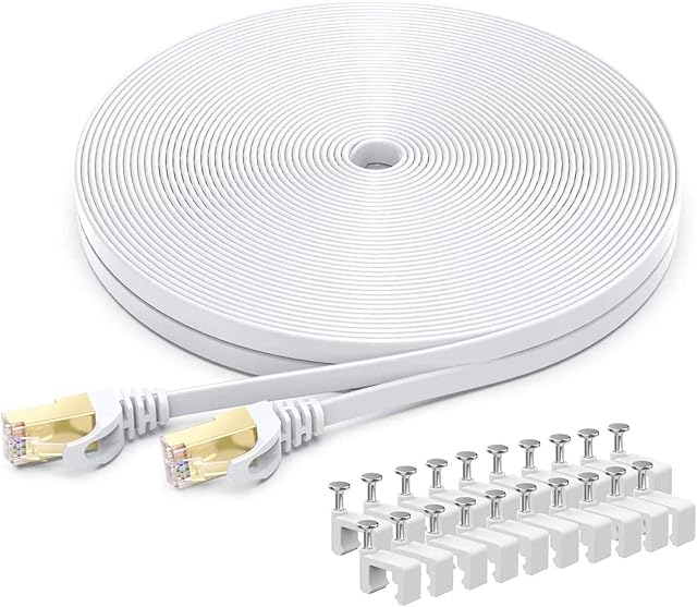 BUSOHE Cat 8 Ethernet Cable 10m, High Speed Flat Gigabit RJ45 Lan Network Cable, 40Gbps 2000Mhz Internet Patch Cord for Switch, Router, Modem, Patch Panel, PC (White)