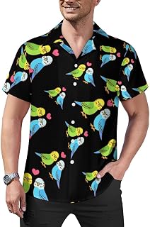 Cute Cartoon Budgie Couple Mens Shirts Hawaiian Short Sleeved Cuban Collar Graphic Tees Tops