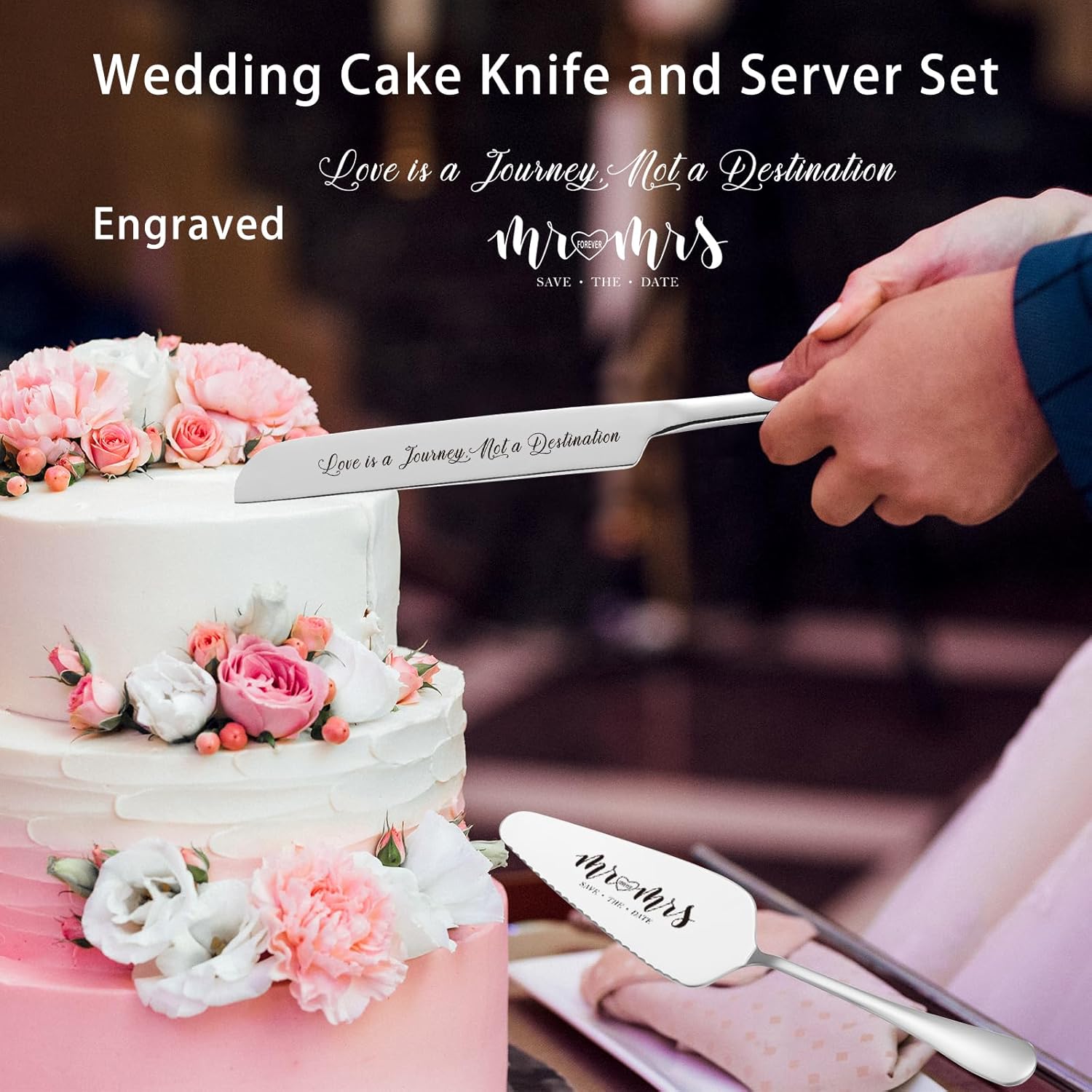 Engraved Mr and Mrs Champagne Flutes Wooden Sign,Wedding Toasting Glasses for Bride and Groom,Cake Knife and Server Set Just Married Banner for Couple Reception Ceremony - Image 6