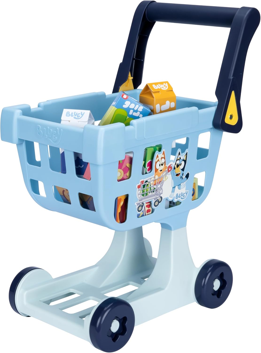 Bluey Shopping Trolley, Sturdy Toy Shopping Basket with Free-Rolling Wheels, Rotating Handle, and 8 Cardboard Accessories, Push Cart for Kids Ages 3+