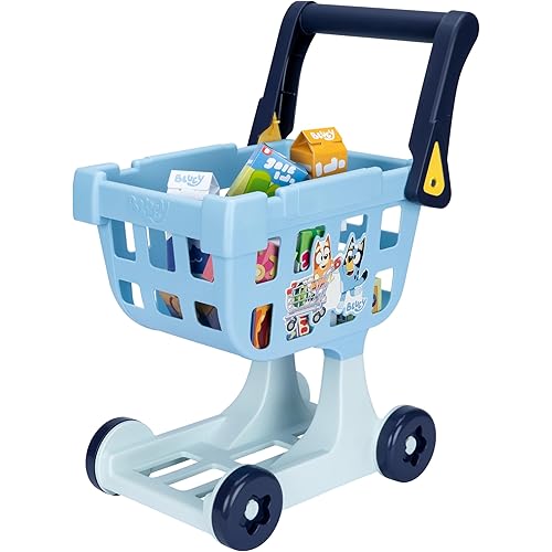 Bluey Shopping Trolley, Sturdy Toy Shopping Basket with Free-Rolling Wheels, Rotating Handle, and 8 Cardboard Accessories, Push Cart for Kids Ages 3+
