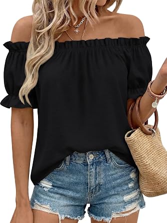LILLUSORY Women Summer Off the Shoulder Flowy Top Short Puff Sleeve Dressy Casual Blouse 2026 Cute Vacation Resort Boho Shirt