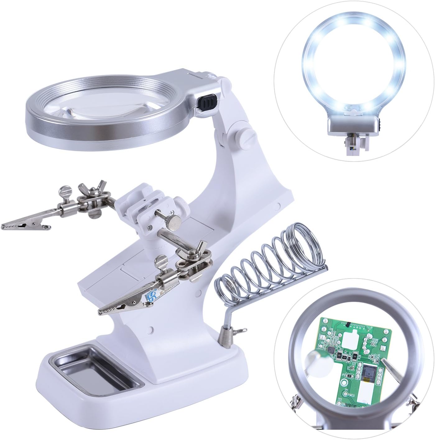 Magnifier Station with LED Light, SoMarkt 3X 4.5X Magnifying Glass with 10 LED Light Multifunctional Helping Hand Magnifier Station For Soldering Assembly Repair Modeling and Hobby, White