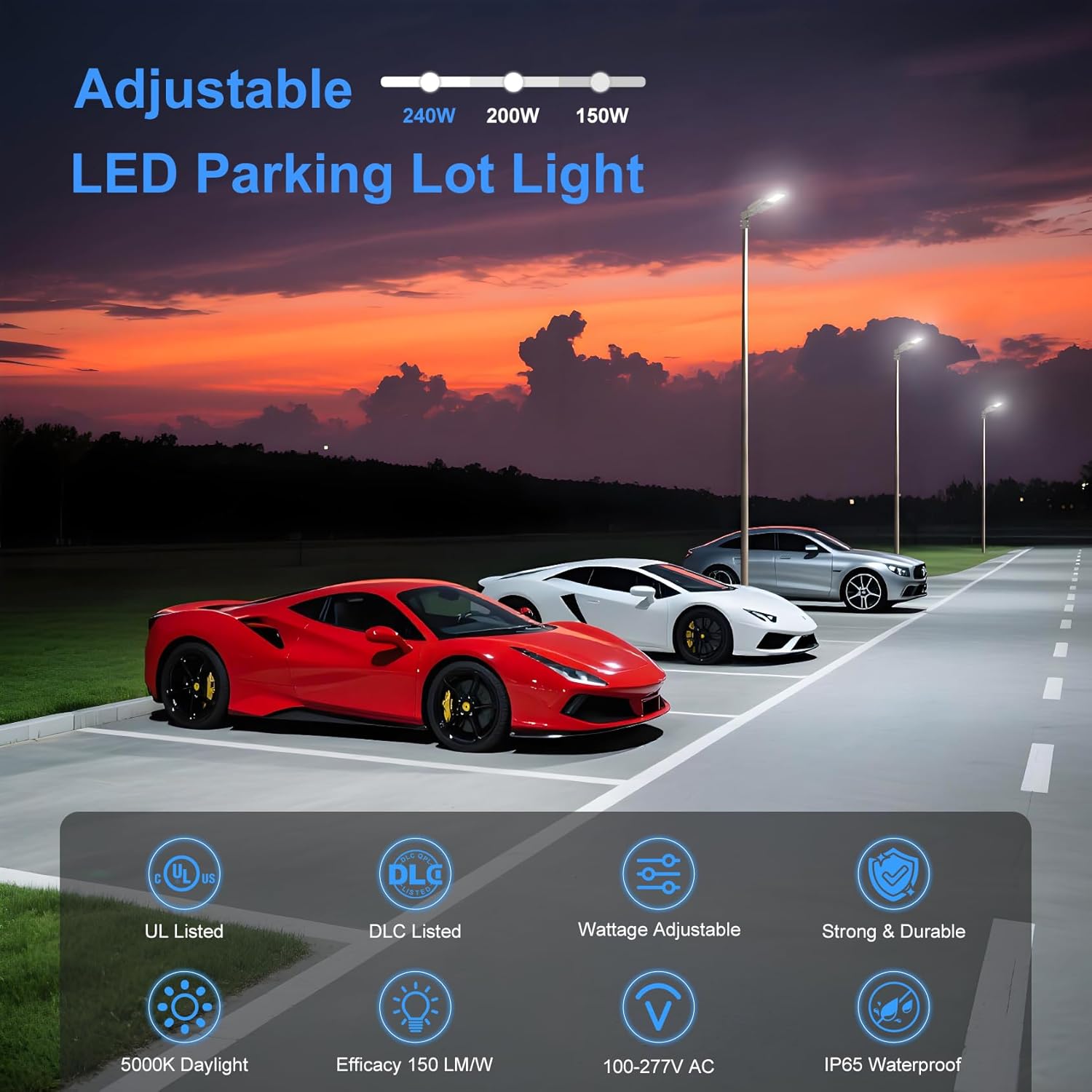 KUKUPPO 6Pack 240W LED Parking Lot Light Power Adjustable, LED Shoebox Flood Pole Light Outdoor Parking Lighting with Slip Fit 36,000LM 5000K IP65 Waterproof 100-277V DLC UL Listed
