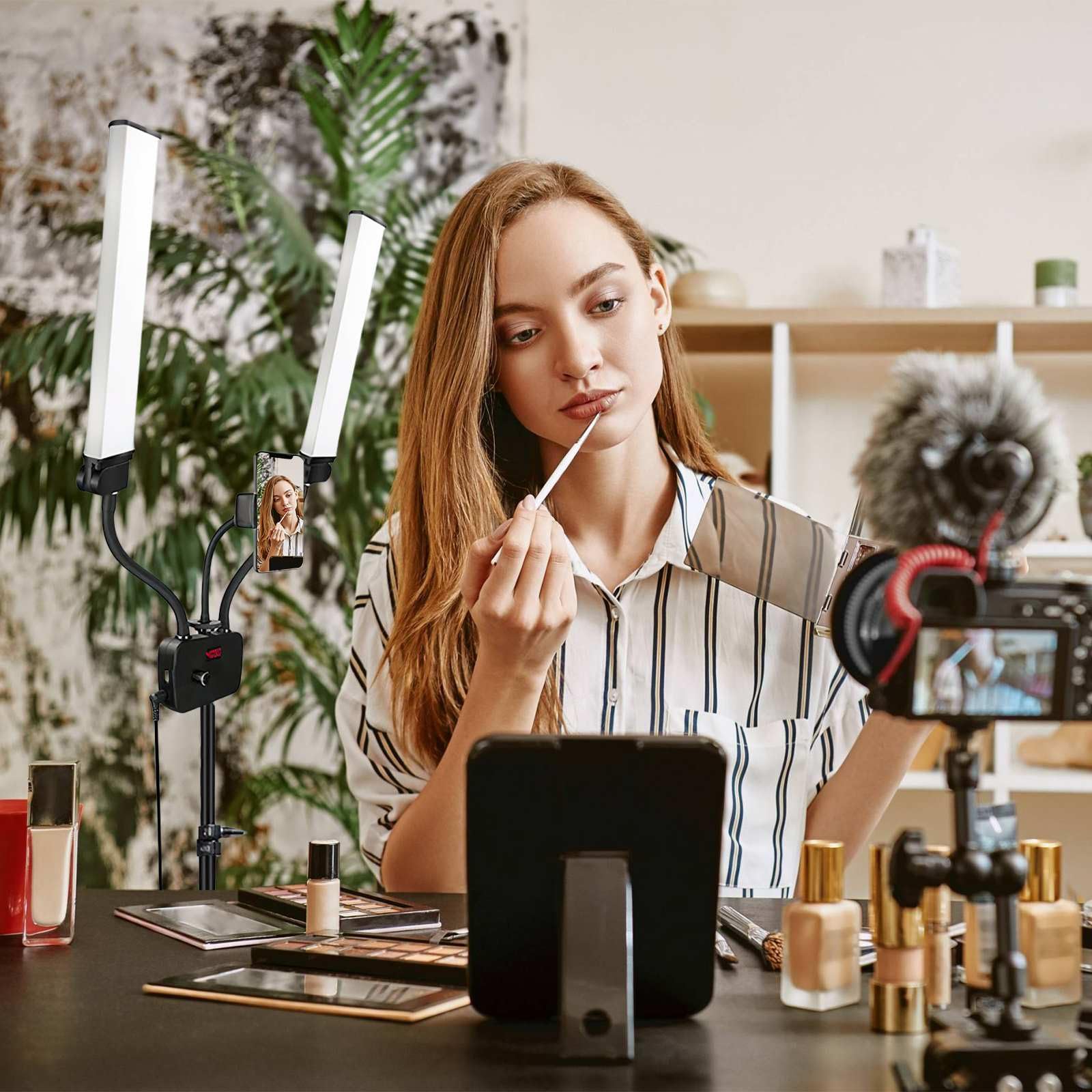 Lampada Ciglia A Doppio Braccio, Lampada Di Bellezza 45W Con Treppiede Regolabile, Lampada Led 3000K-5600K Con 2 Supporti Telefono, Per Trucco, Manicure, Tatuaggio, Fotografia, Live Streaming