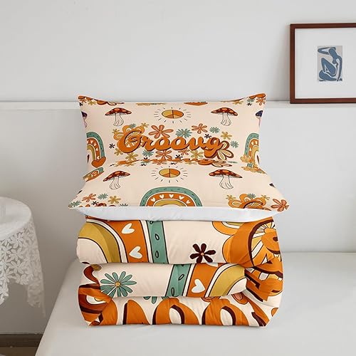 Miniatura 5 de Lindo edredón de champiñones tamaño individual para niños y niñas, juego de ropa de cama de flores geniales de los años 60 y 1970 con 1 funda de