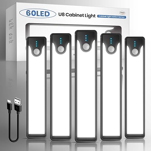Homelist Motion Sensor Under Cabinet Lights, 5 Pack Wireless Night Light Bar Stick-On, Indoor USB Rechargeable Stair Lights Battery Operated Under Counter Magnetic Lights for Kitchen (Black)