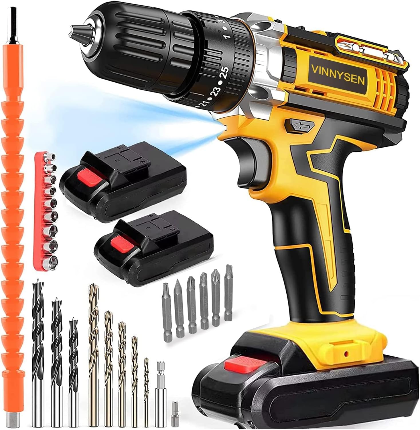 48V Cordless Drill, 3/8 Inch Power Drill Set with Lithium Ion Battery and Charger, Electric Drill with Variable Speed, 19 Positions and 24-Pieces Drill/Driver Accessories Kit (Yellow)