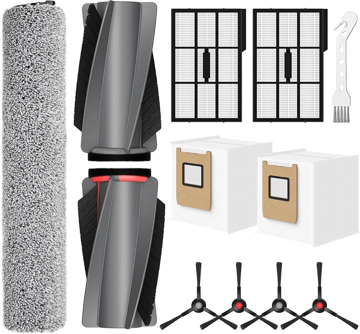 Replacement Parts for Eufy Omni E25 E28 Robot Vacuum Accessories Kits-1 Mop Roller Brushes, 1 Main Roller Brushes, 4 Side Brushes, 2 HEPA Filters, 2 Disposable Dust Bags, 1 Cleaning Tool-11 Pack