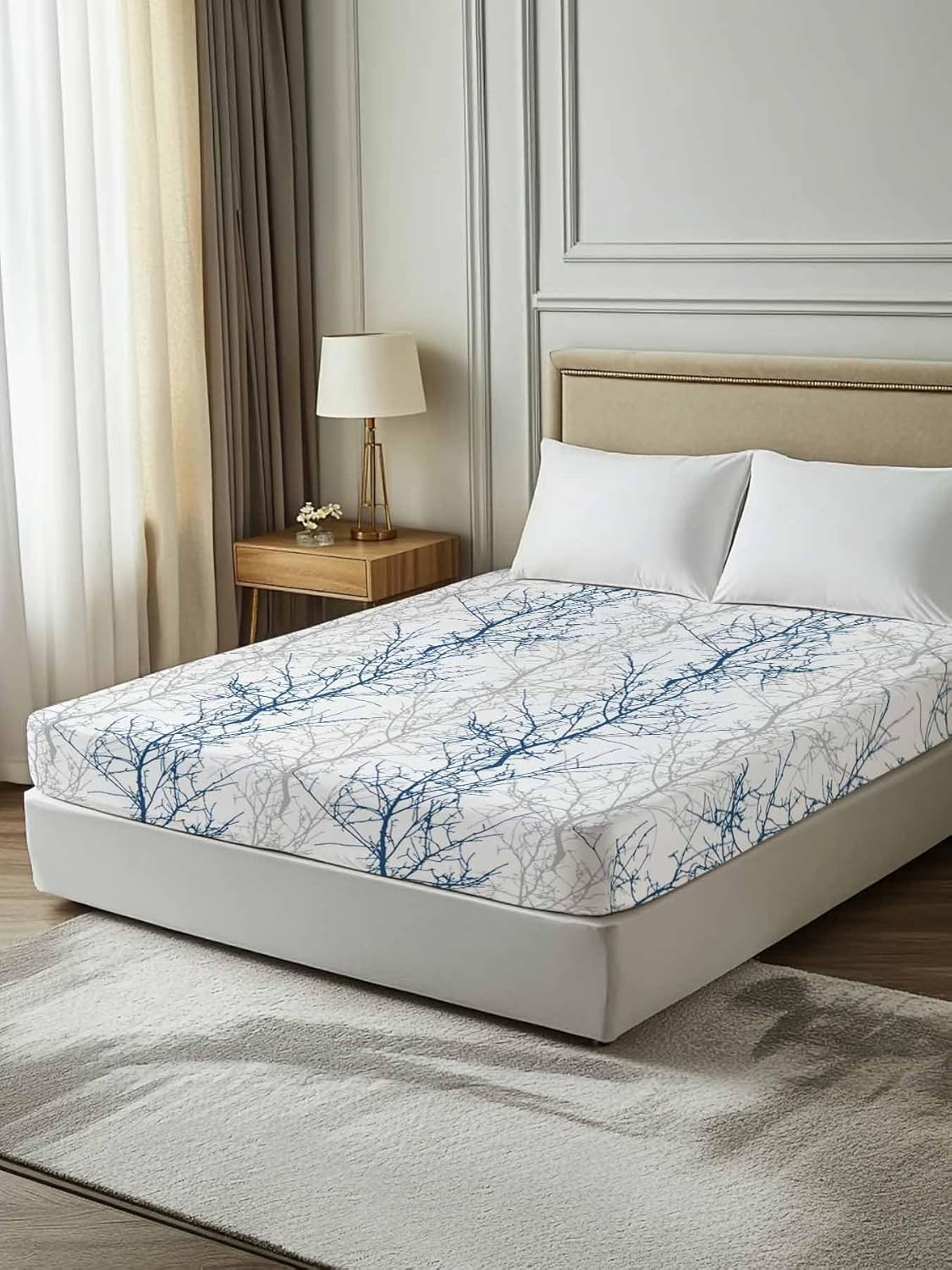 Top Sheet Full Bedding Flat Sheet Only, Blue Gray Tree Branch on White Microfiber Bed Sheets Soft Breathable Bedding Flat Sheets, Botanical Seamless Plant Texture Hotel Luxury Top Sheets