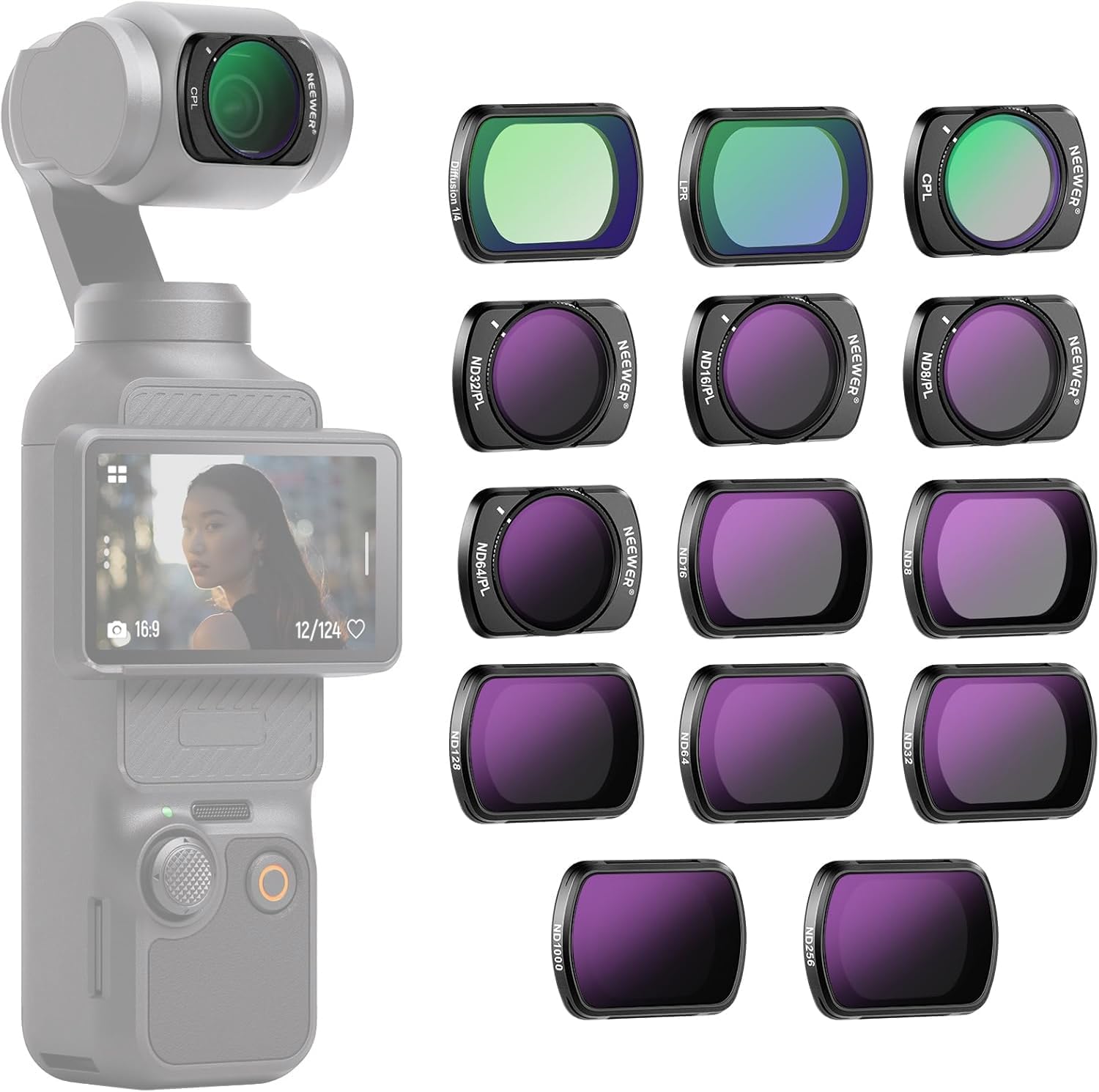 NEEWER Magnetic ND Filter Set Compatible with DJI OSMO Pocket 4 & Pocket 3, 14 Pack CPL ND8/16/32/64/128/256/1000 ND8/PL ND16/PL ND32/PL ND64/PL Light Pollution Reduction, Black Diffusion 1/4