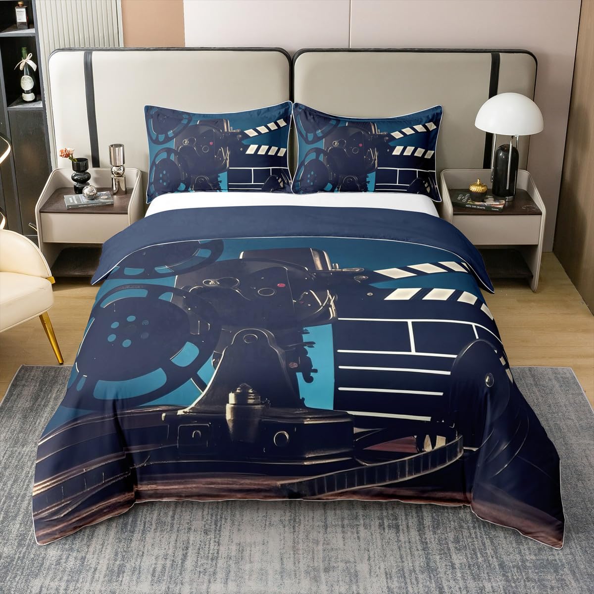 Homewish Set di biancheria da letto in 100% cotone con film Clapper, per bambini, uomini, donne, film di vecchia moda, con macchina fotografica, nero e grigio, morbido e comodo