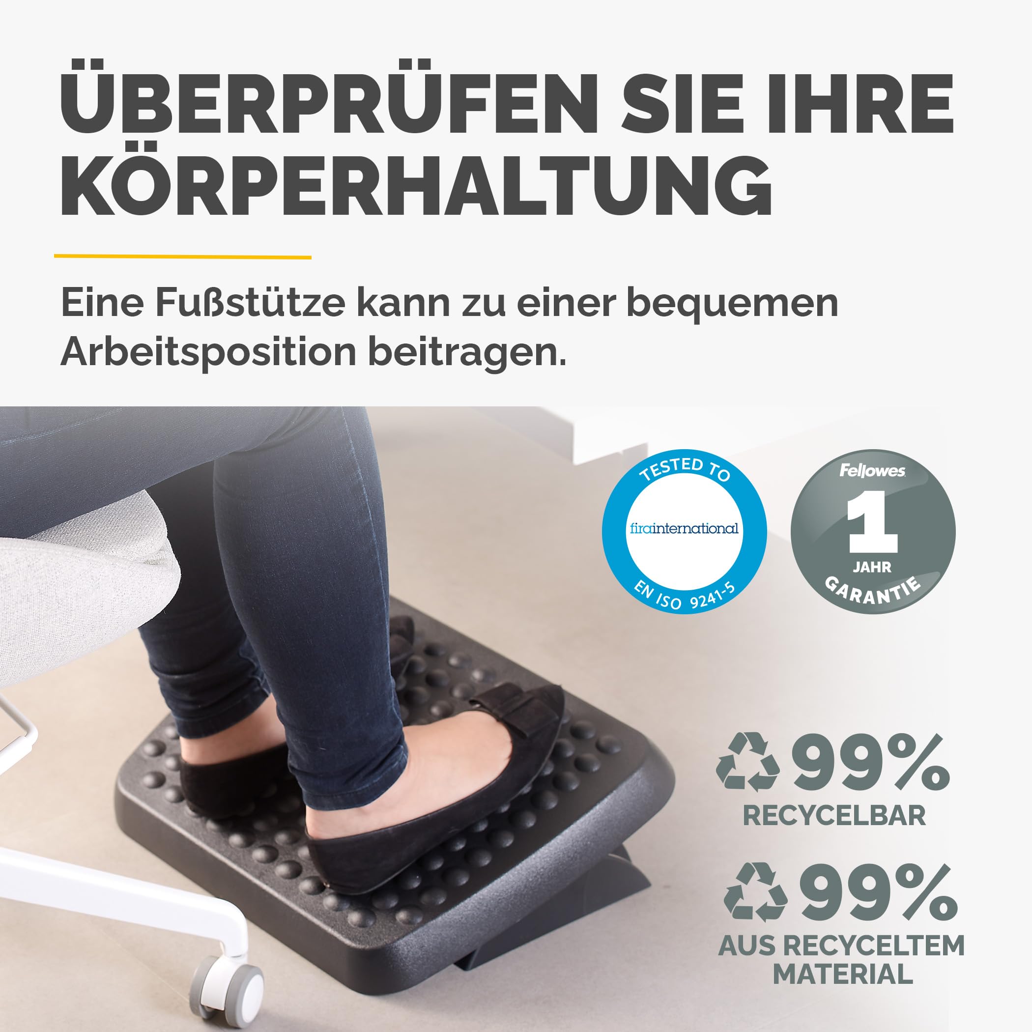 Fellowes Fußstütze Standard, in 2 Höhen verstellbar, mit frei beweglicher Plattform, aus recyceltem Plastik, perfekt für Büro und Home Office, Farbe: schwarz