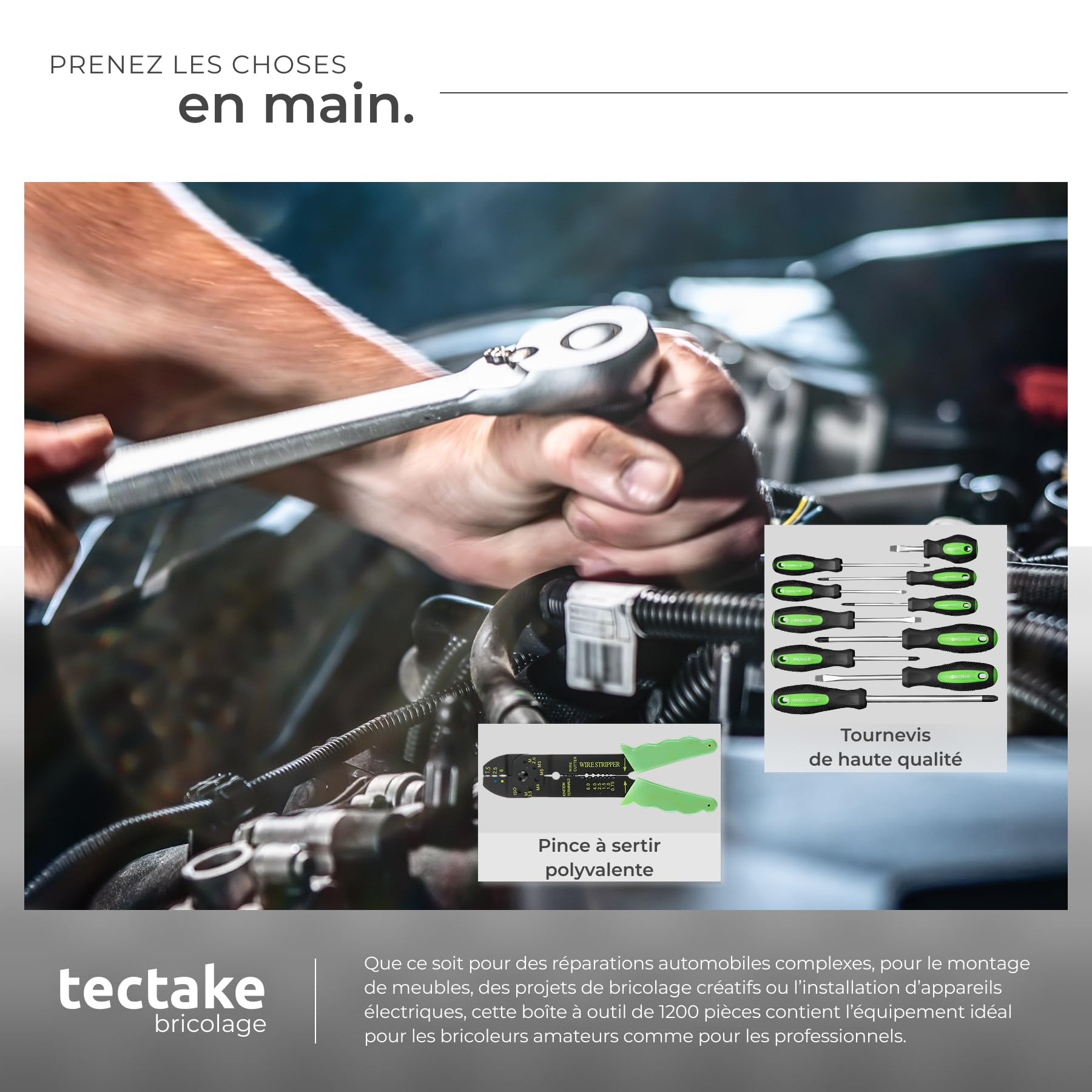 tectake Caisse à outils sur roulettes Servante d'atelier complète avec outils 1200 pièces - Rangement atelier Outillage à main Bricolage Embout visseuse Kit tournevis