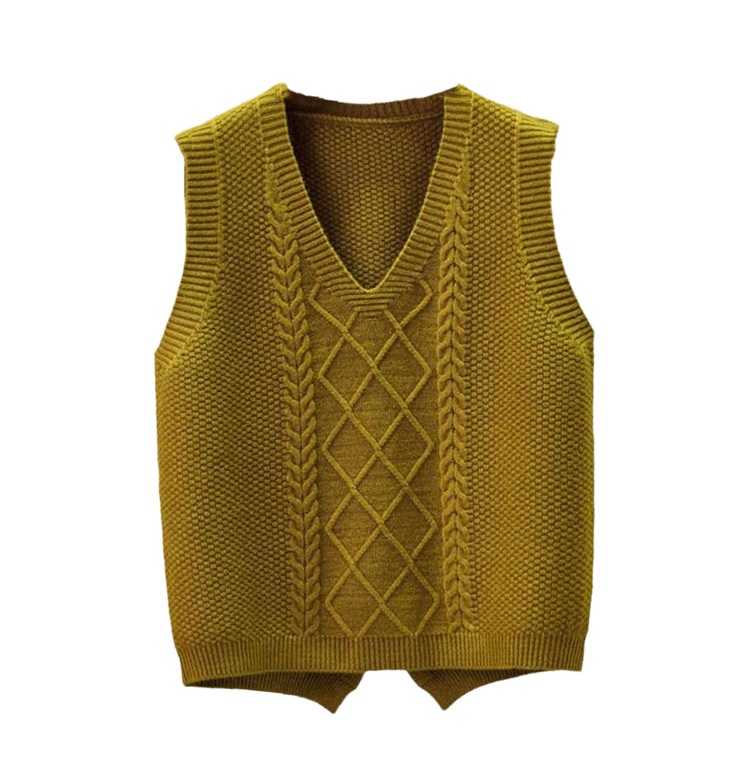 Mnjyihy Women's Spring And Autumn Rear Slit V-Neck Short Knitted Sweater Vests Sleeveless Pullover Sweater Top turmeric M