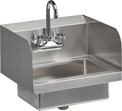 Rockpoint 304 Stainless Steel Handmake Sink for Washing with Faucet and Side Splash, Commercial Wall Mount Hand Basin for Restaurant, Kitchen and Home, 17 x 15 Inches, Silver