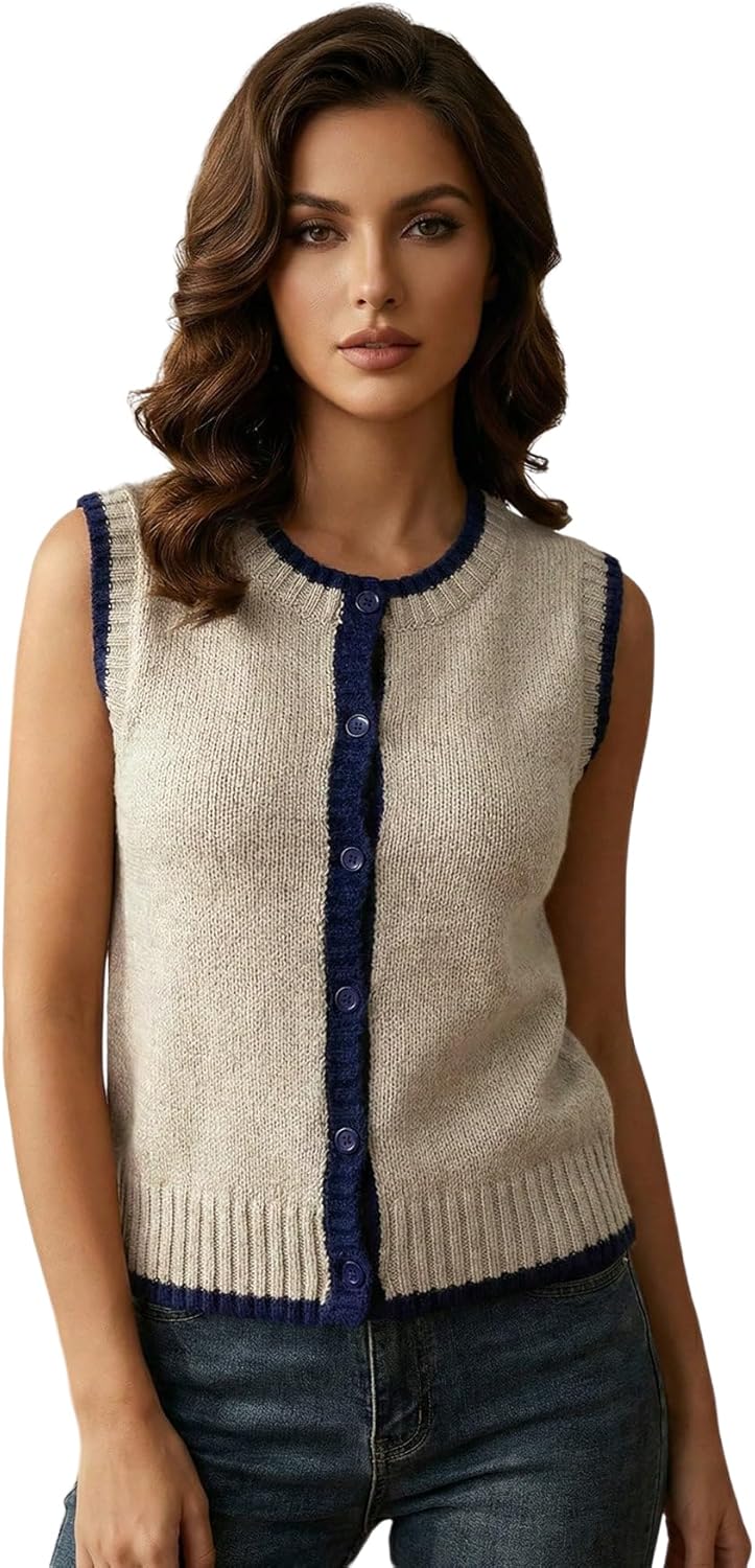OYOANGLE Women's Button Up Sweater Vest Color Block Sleeveless Crew Neck Lightweight Sweater Tops