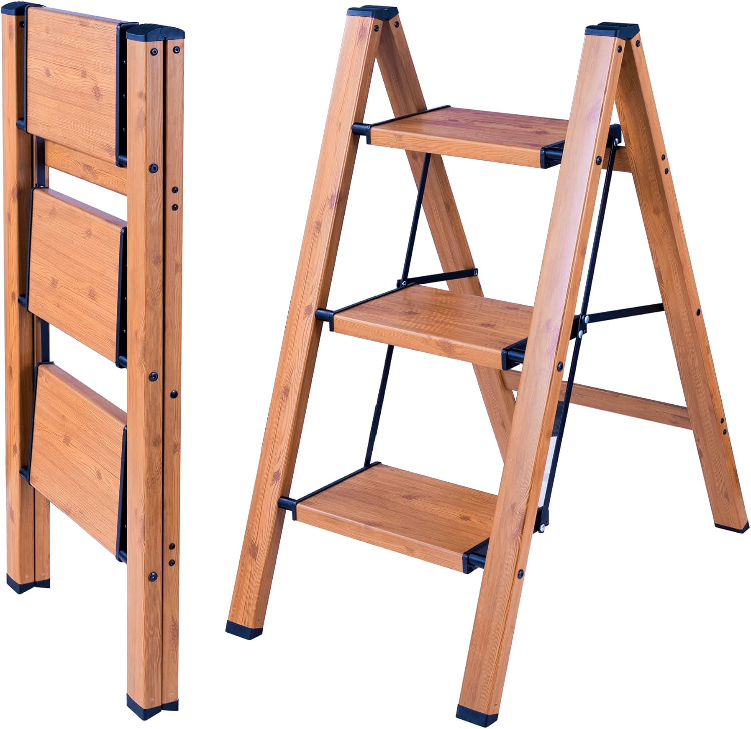 Step Ladder Folding 3 Step Ladders Woodgrain Finish Aluminum,Tripod Anti-Slip for Home & Kitchen Office 330 lbs