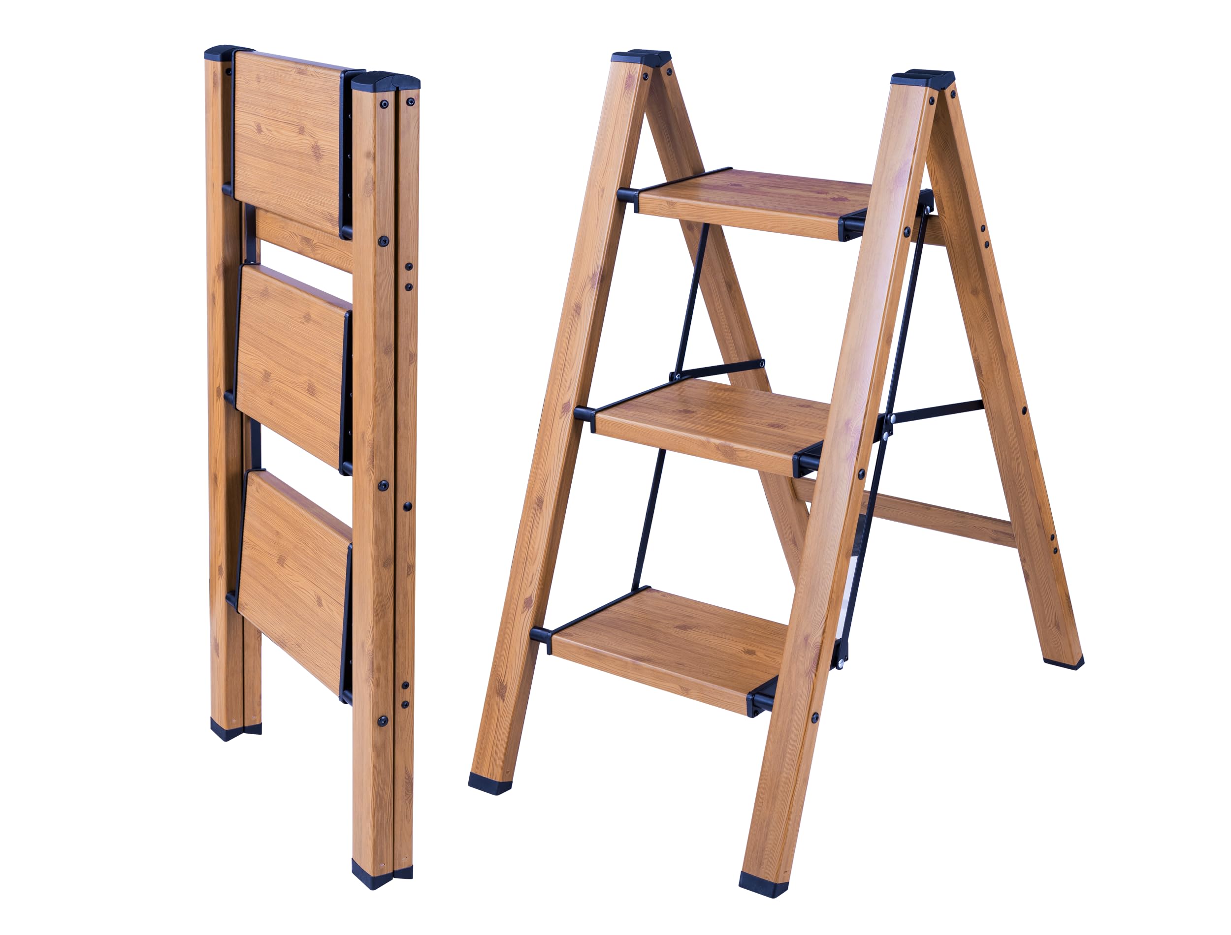 Escalera Plegable de 3 peldaños con Acabado de Grano de Madera, trípode Antideslizante, portátil, Resistente para el hogar y la Cocina, Oficina, 330 Libras