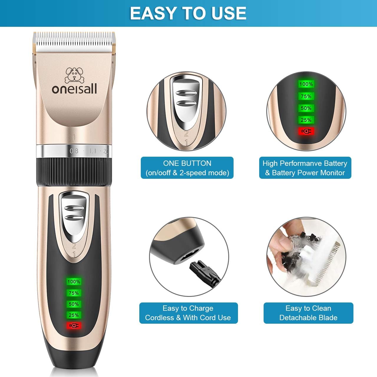 oneisall Dog Clippers Low Noise, 2-Speed Quiet Dog Grooming Kit Rechargeable Cordless Pet Hair Clipper Trimmer Shaver for Small and Large Dogs Cats Animals，Gold