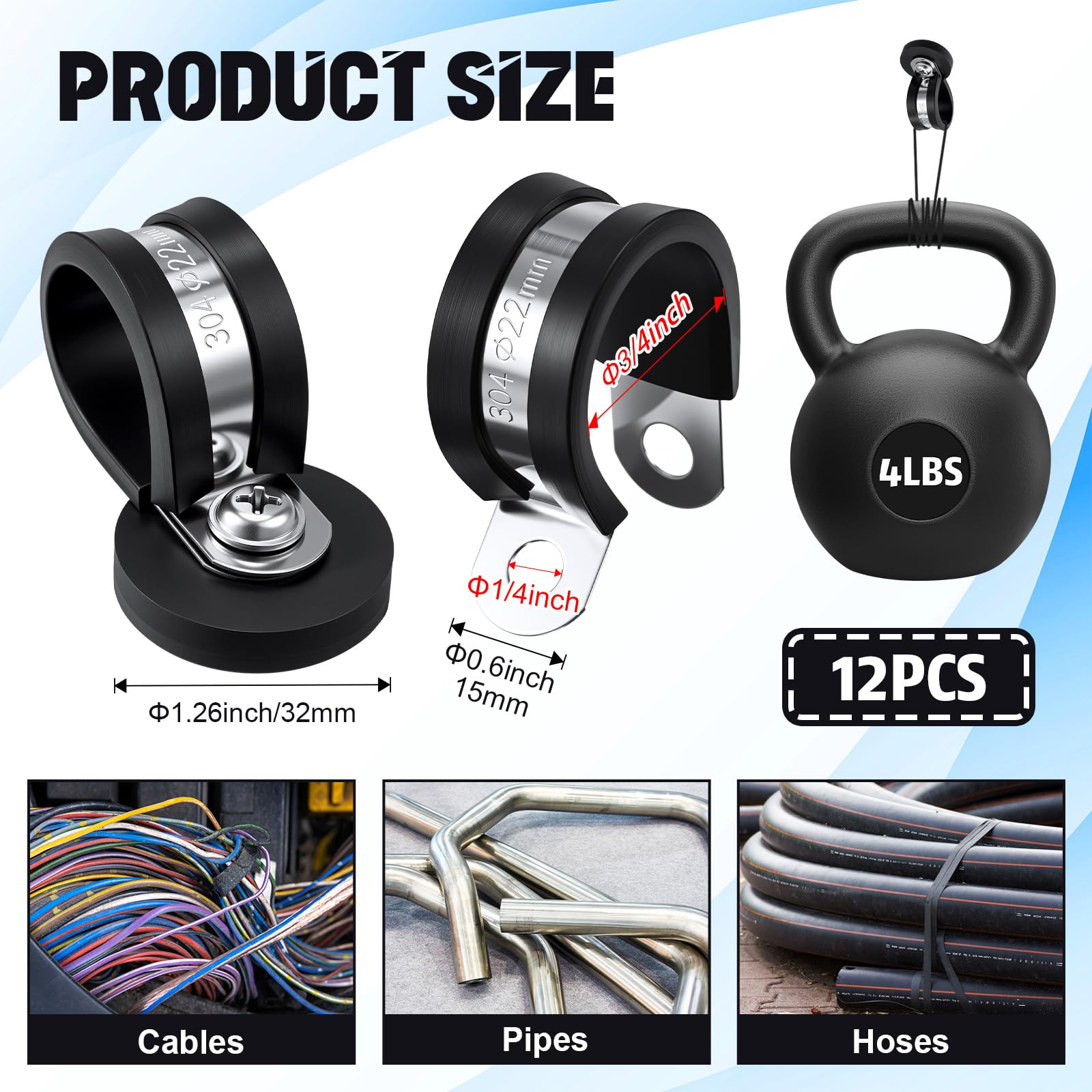 LEIFIDE Paquete de 12 abrazaderas de cable de acero inoxidable de 3/4 pulgadas, abrazaderas de cable magnéticas resistentes, abrazadera aislada acolchada de goma, soporte de clips de cable aislado
