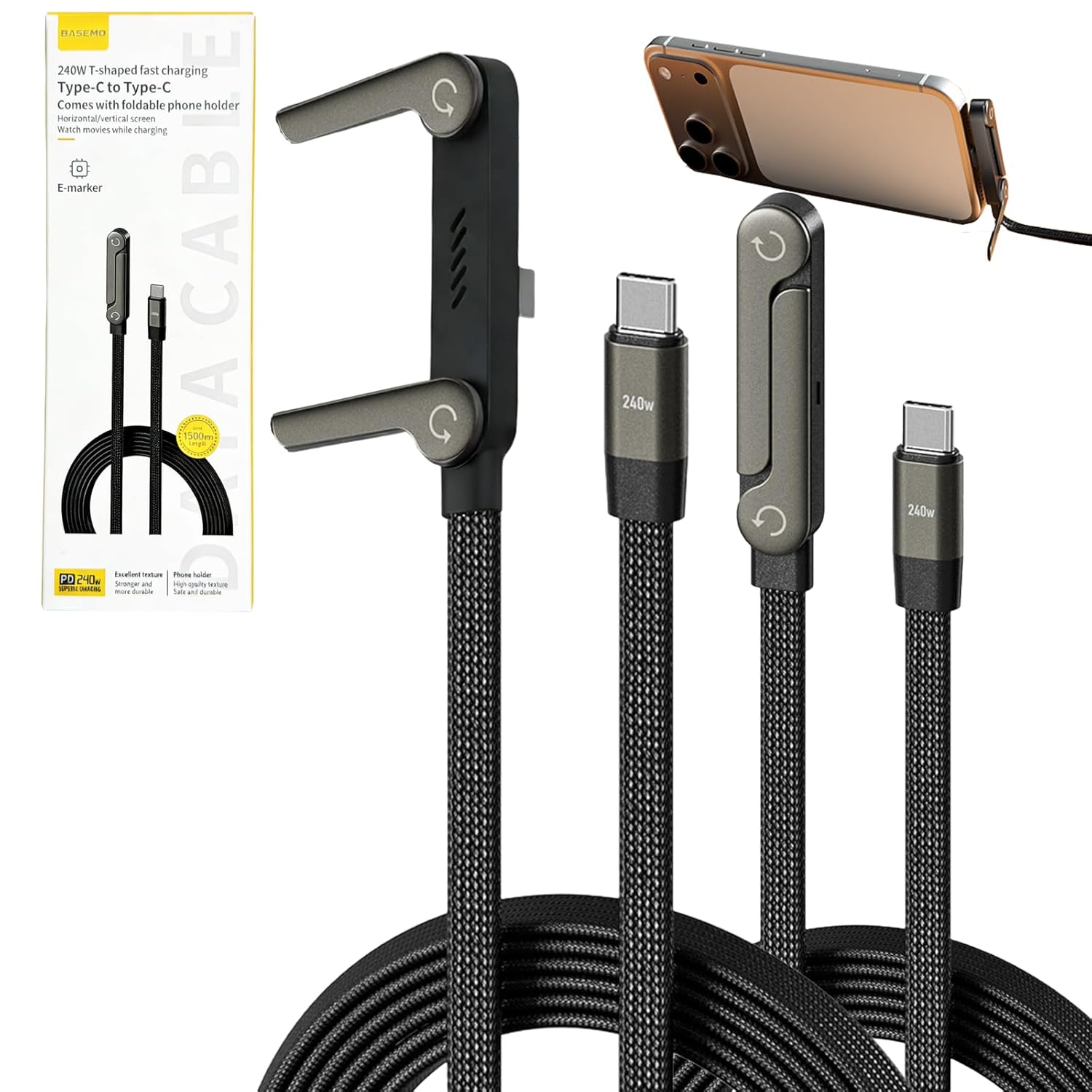 Sideways Phone Charger, 90° Right Angle Type-C to Type-C Cord,240W Durable Foldable Charger Cable for Data Sync - 2-in-1 with Built-in Adjustable Phone Stand(2Pcs)