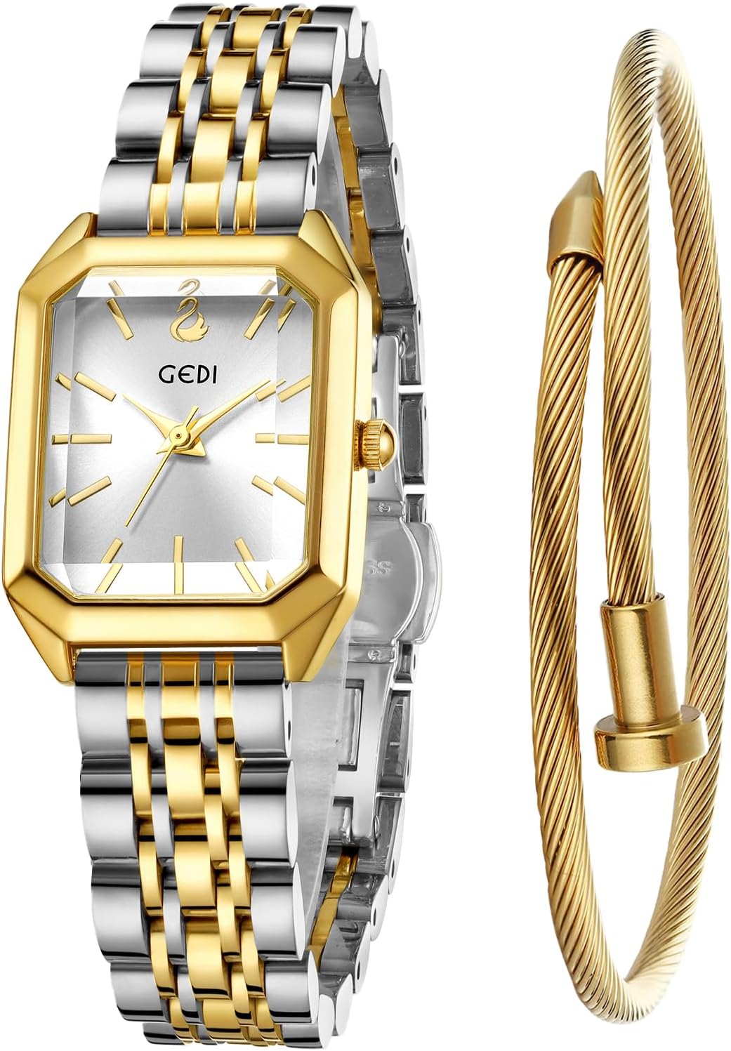 FANMIS Women’s Gold Tone Bangle Watch and Bracelet Set, Simple Square Dial Ladies Casual Dress Watch with Solid Stainless Steel Band & Butterfly Clasp,Waterproof Adjustable Strap with Tools